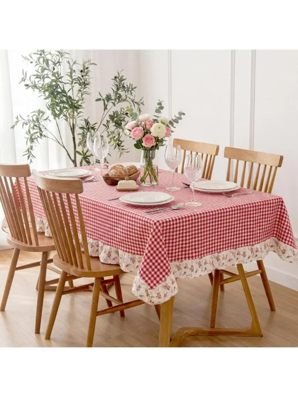 Vintage Red White Plaid Ruffled Tablecloth - 52x70 Inch Cotton Gingham Decor